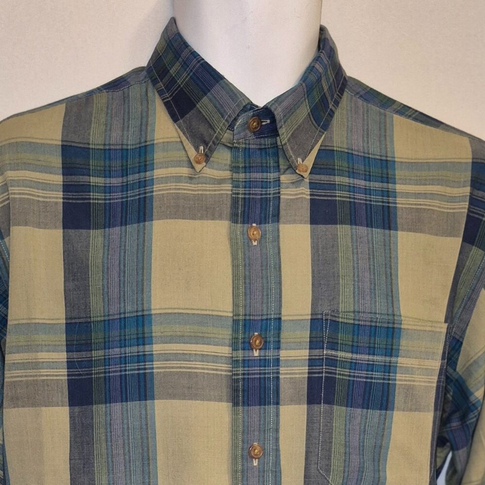 Arrow button front shirt w/green-turquoise-blue-green-purple checks LARGE